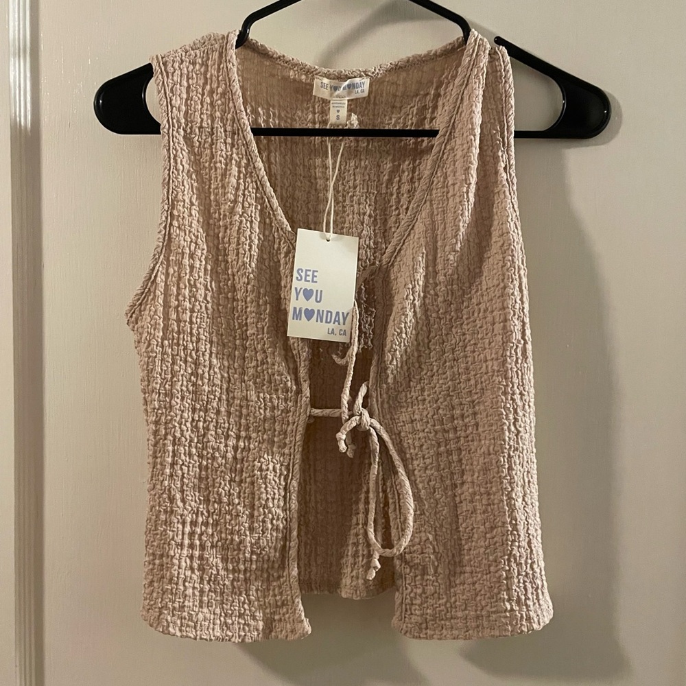 See You Monday Beige Textured Crop Top